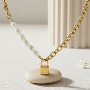 Stunning 18K Gold Plated Freshwater Pearl Necklace with Padlock Charm 🔒 ✨